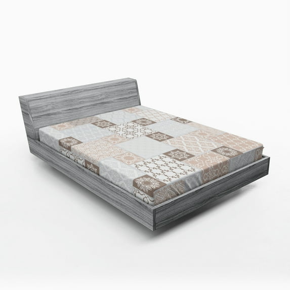 Ambesonne Orient Fitted Sheet, Pastel Oriental Motif, Full Size, White Beige Grey