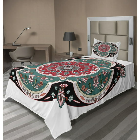 Ambesonne Orient Fitted & Top Sheet Set with Sham, Floral Ethnic, Multicolor