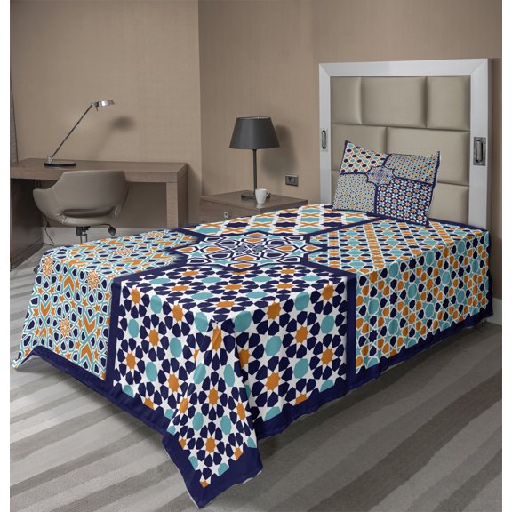 Ambesonne Orient Fitted & Top Sheet Set with Sham, Mosaic Eastern Pattern, Blue Orange White