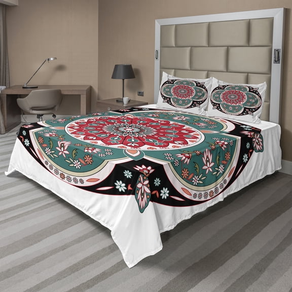 Ambesonne Orient Fitted & Top Sheet Set with Shams, Floral Ethnic, Multicolor