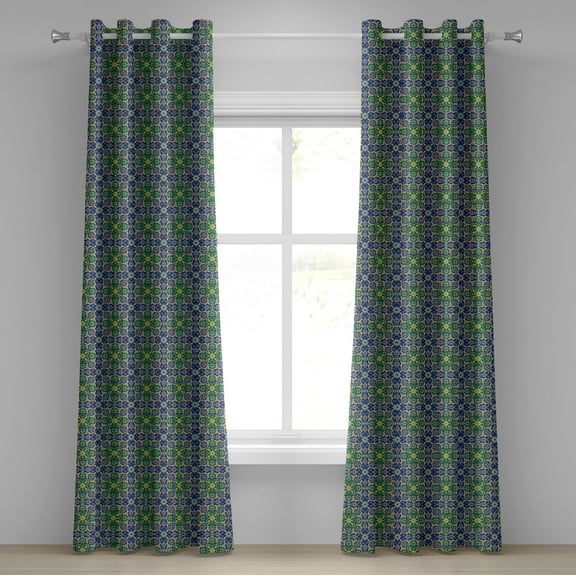 Ambesonne Orient Grommet Curtain, Oriental Damask, 50" x 96", Yellow Green Teal