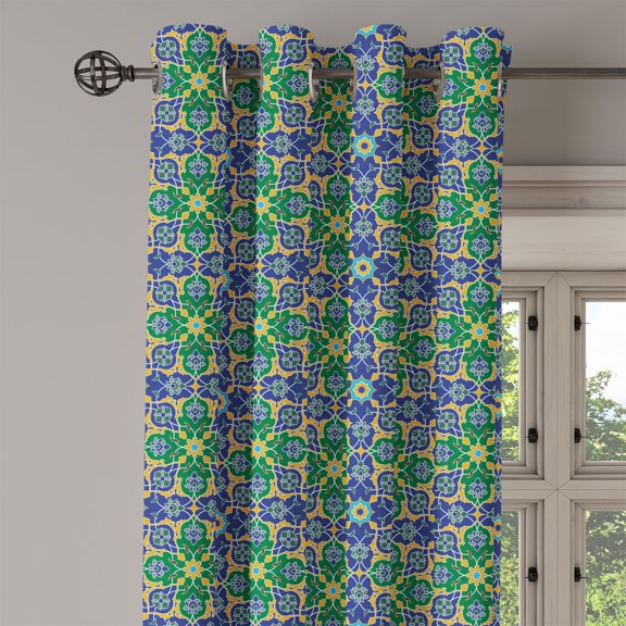 Ambesonne Orient Grommet Curtain Single Panel, Oriental Damask, 50"x60", Yellow Green Teal