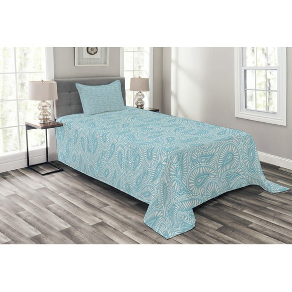 Ambesonne Orient Quilted Bedspread Set 2 Pcs, Art Style with Swirls, Twin Size, Pale Blue and Coconut