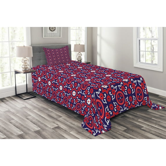 Ambesonne Orient Quilted Bedspread Set 2 Pcs, Moroccan Oriental Old, Twin Size, Indigo Red White