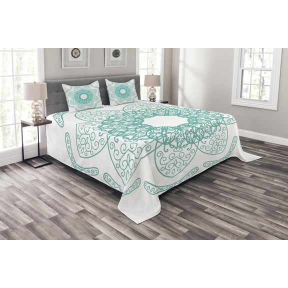 Ambesonne Orient Quilted Bedspread Set 3 Pcs, Persian Style Oriental, Queen Size, Seafoam