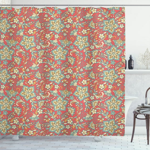 Ambesonne Orient Shower Curtain, Oriental Flower Paisley Boho, 69"Wx70"L, Coral Cadet Blue Cream