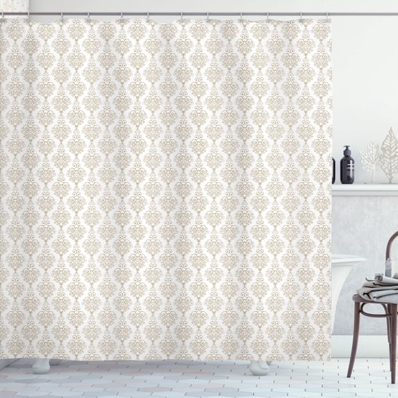 Ambesonne Orient Shower Curtain, Vintage Curlicue Motifs, 69"Wx84"L, Dark Khaki and White
