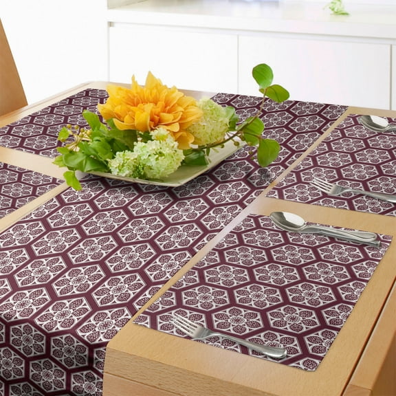 Ambesonne Orient Table Runner & Placemats, Boho Middle Eastern Grid, Placemat 4 pcs + Runner 14"x90", Maroon White