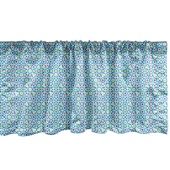 Ambesonne Orient Window Valance, Continuous Folkloric Pattern with Colorful Eastern Stars Swirling Lines, Curtain Valance for Kitchen Bedroom Decor with Rod Pocket, 54" X 18", Sky Blue and Multicolor