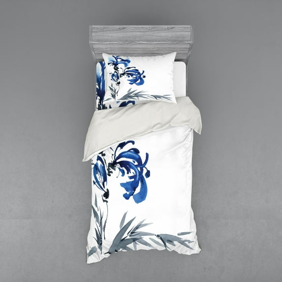 Ambesonne Oriental Bedding Set 3 Pcs, Brushstroke Work of Art, Twin, Blue Grey