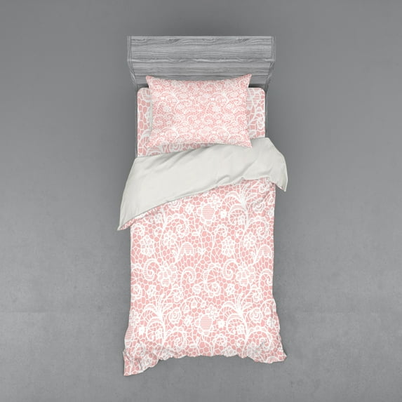 Ambesonne Oriental Bedding Set 3 Pcs, Floral Hexagon Lace Grids, Twin XL, Blush White
