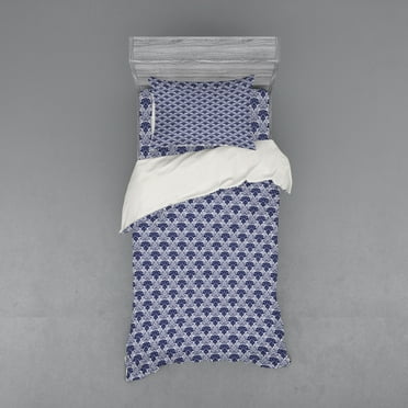 Ambesonne Oriental Bedding Set 3 Pcs, Floral Square Motif, Twin XL, Indigo White