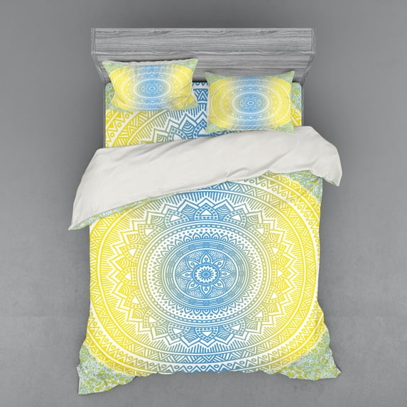 Ambesonne Oriental Bedding Set 4 Pcs, Blue Ombre Mandala, Queen, Blue Yellow