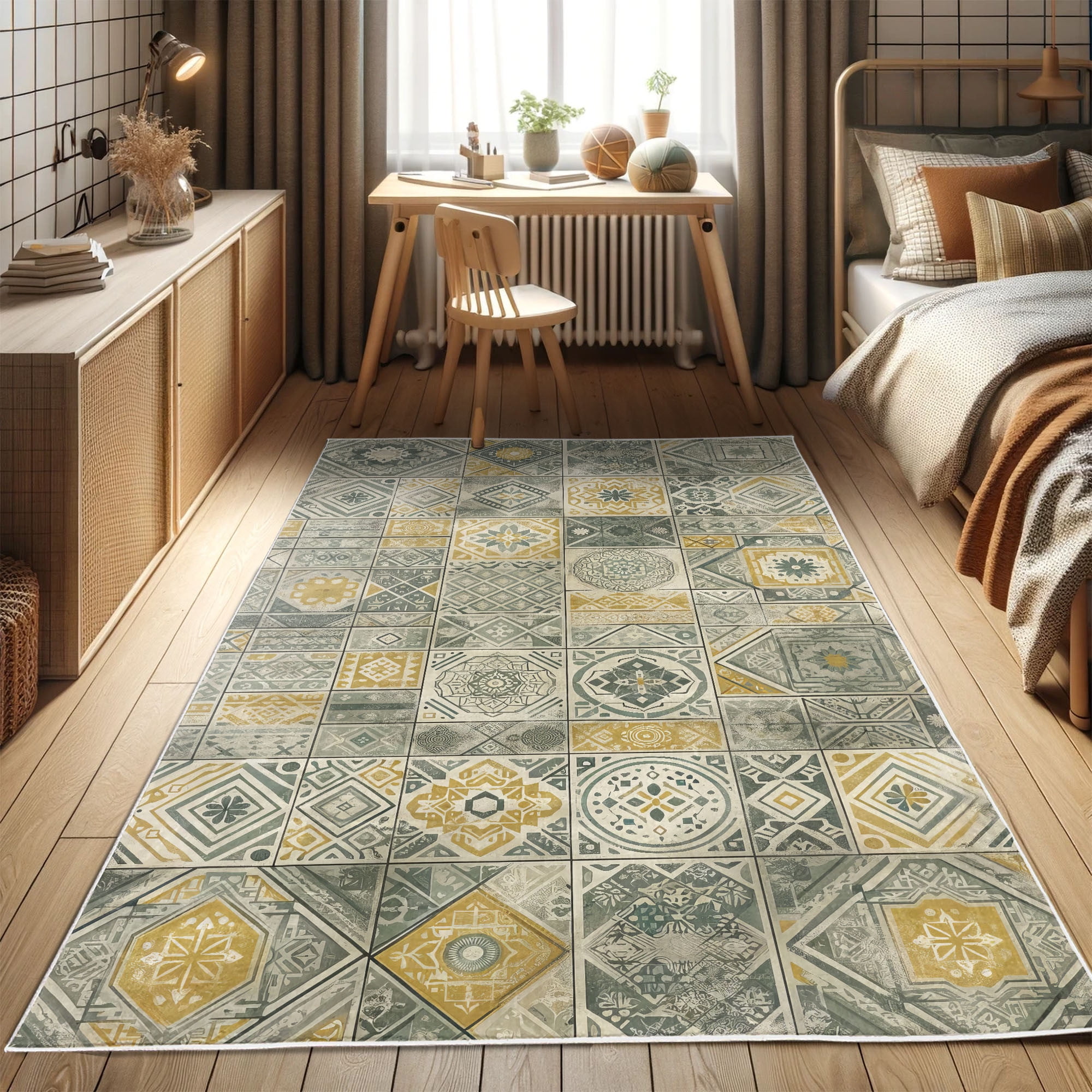 Pale Teal and Coffee Oriental Synthetic Area Rug, 2' 5" x 5'