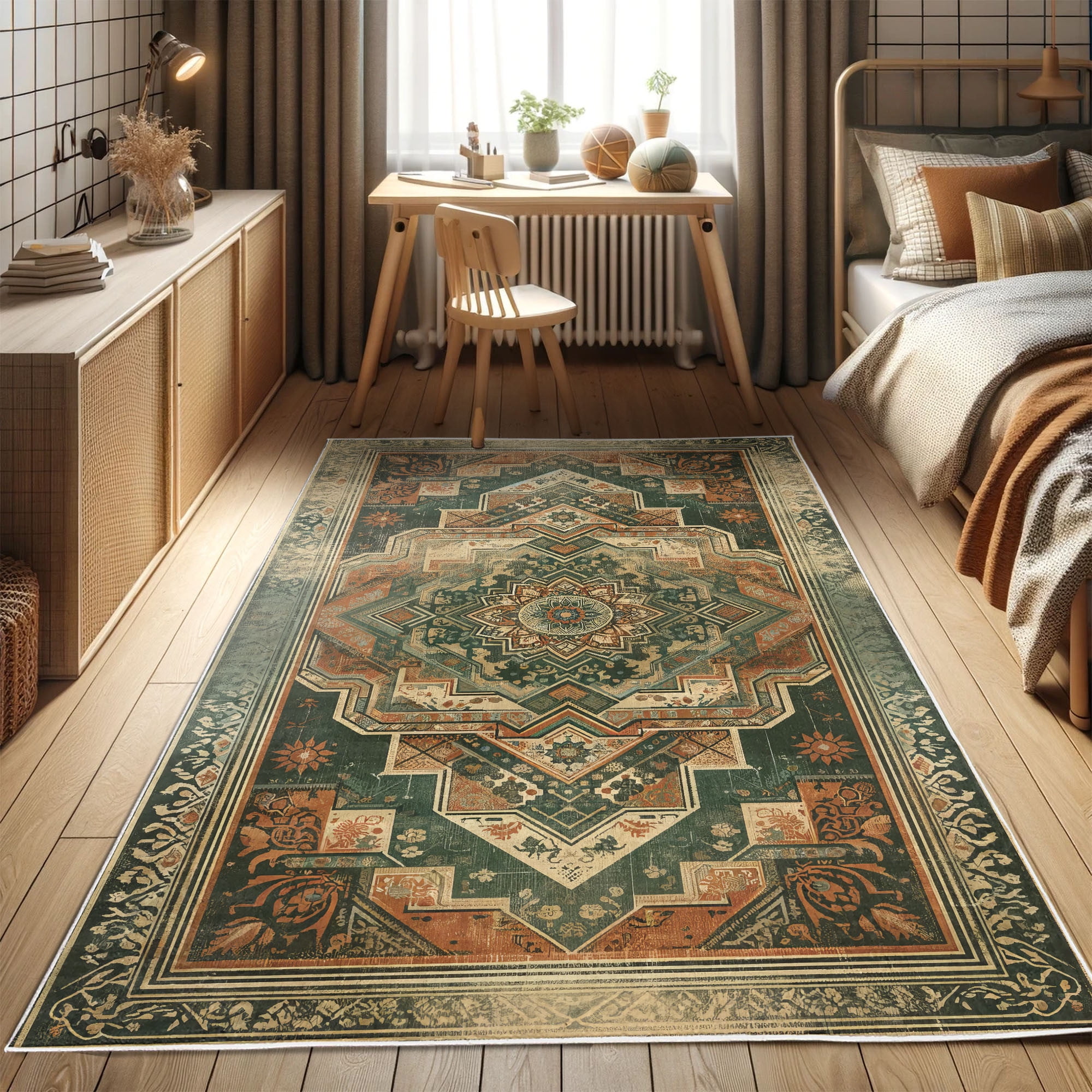 Hunter Green and Peach Oriental Synthetic Runner Rug