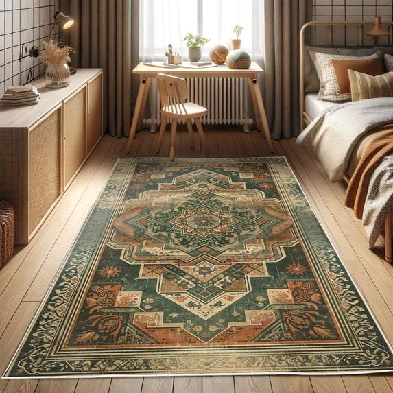 Ambesonne Oriental Boho Decorative Rug Carpet, Mandala Middle East, 2' x 5', Hunter Green Peach