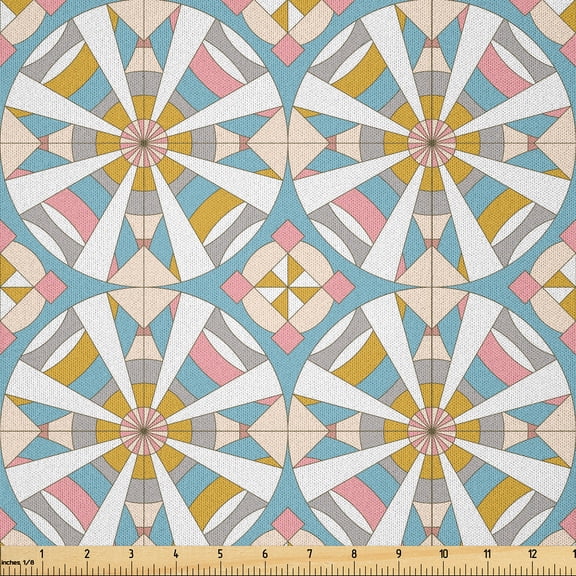 Ambesonne Oriental Boho Fabric by the Yard Microfiber, Circle and Square Art, 1 Yard, Dark Yellow Pale Teal