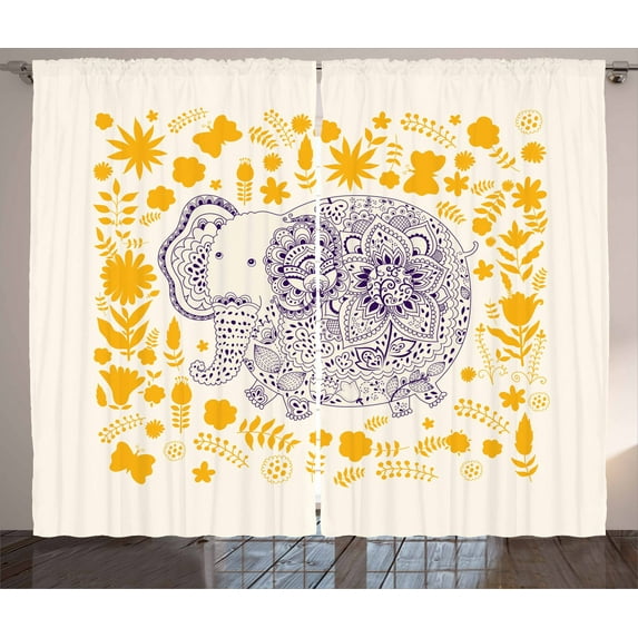 Ambesonne Oriental Curtains 2 Panel Set, Floral, 108" x 84", Earth Yellow Indigo