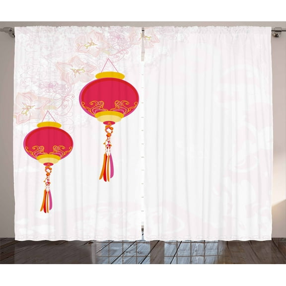 Ambesonne Oriental Curtains 2 Panel Set, Folkloric China New Year, 108" x 90", Earth Yellow and Red