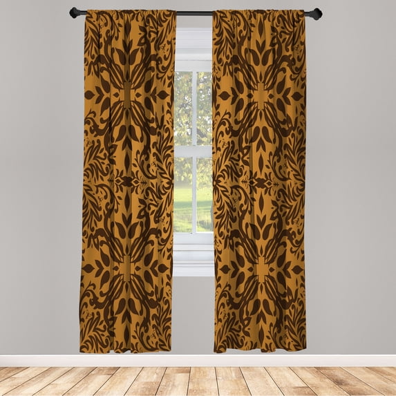 Ambesonne Oriental Curtains, Curly Mandala Flowers Art, Pair of 28"x63", Dark Mustard