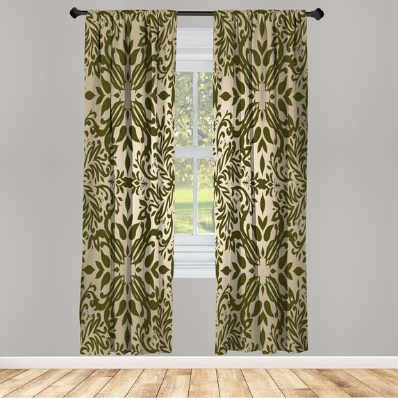 Ambesonne Oriental Curtains, Curly Mandala Flowers Art, Pair of 28"x84", Olive Green