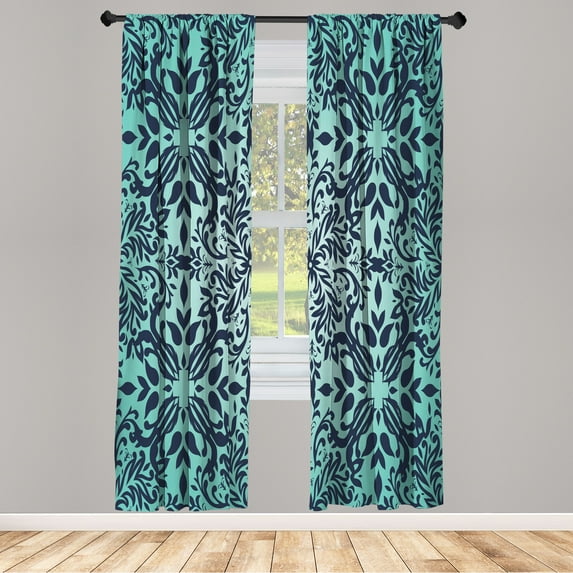 Ambesonne Oriental Curtains, Curly Mandala Flowers Art, Pair of 28"x84", Pale Turquoise