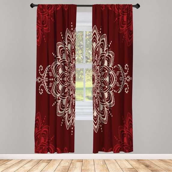 Ambesonne Oriental Curtains, Mandala Art Design Floral, Pair of 28"x63", Maroon Ruby