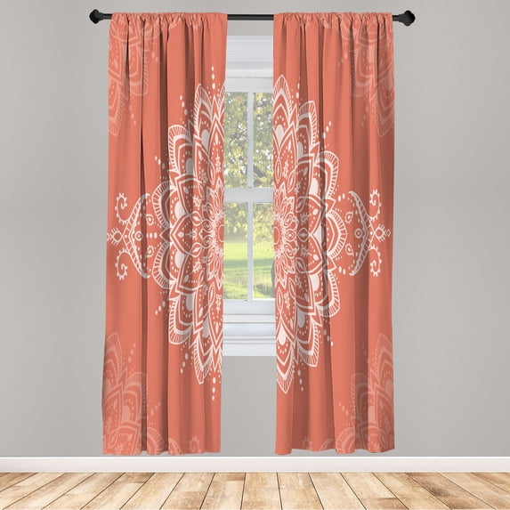 Ambesonne Oriental Curtains, Mandala Art Design Floral, Pair of 28"x95", Salmon Ivory