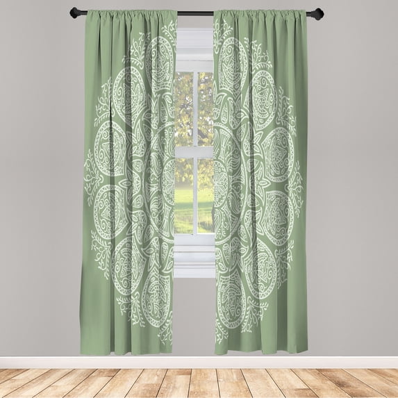 Ambesonne Oriental Curtains, Mandala Design Abstract, Pair of 28"x63", Laurel Green
