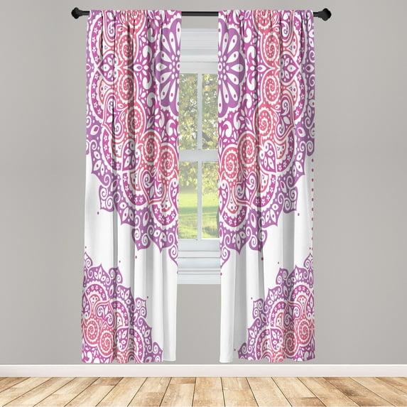 Ambesonne Oriental Curtains, Soft Color Floral Artwork, Pair of 28"x84", Fuchsia White