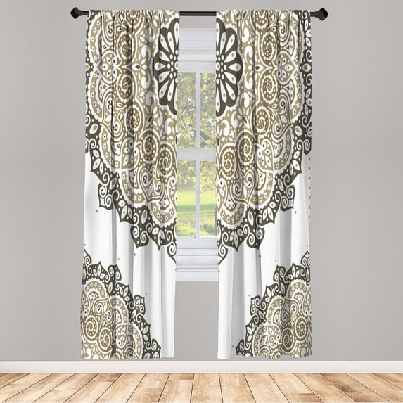 Ambesonne Oriental Curtains, Soft Color Floral Artwork, Pair of 28"x84", Taupe White