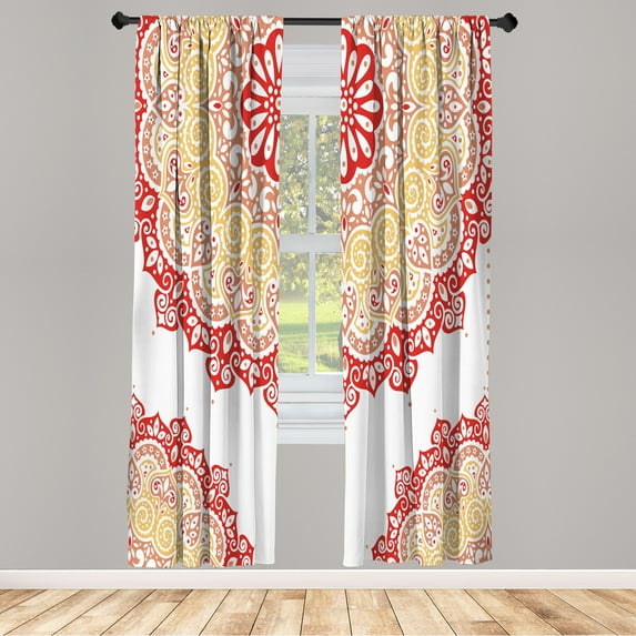 Ambesonne Oriental Curtains, Soft Color Floral Artwork, Pair of 28"x95", Red Mustard