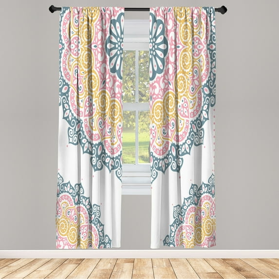 Ambesonne Oriental Curtains, Soft Color Floral Artwork, Pair of 28"x95", Rose Mustard