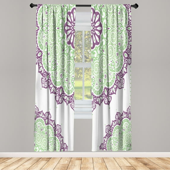Ambesonne Oriental Curtains, Soft Colors Mandala Print, Pair of 28"x84", Pale Green