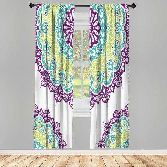 Ambesonne Oriental Curtains, Soft Colors Mandala Print, Pair of 28"x95", Apple Green
