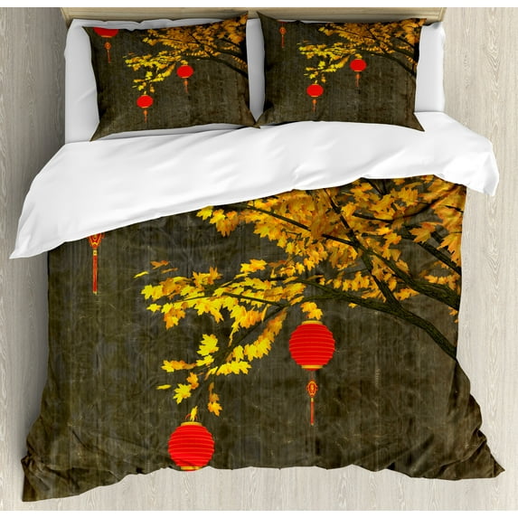 Ambesonne Oriental Duvet Cover Set, Autumn Tree Vintage Art, Queen, Orange Brown and Red