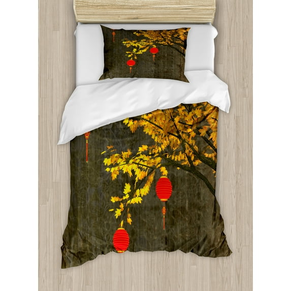 Ambesonne Oriental Duvet Cover Set, Autumn Tree Vintage Art, Twin, Orange Brown and Red