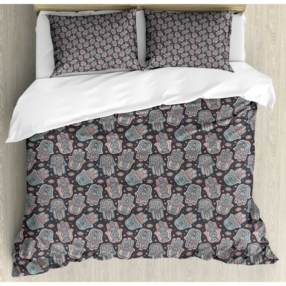 Ambesonne Oriental Duvet Cover Set, Hamsa Hands Middle Eastern, 2-Calking, Purple Grey Blue