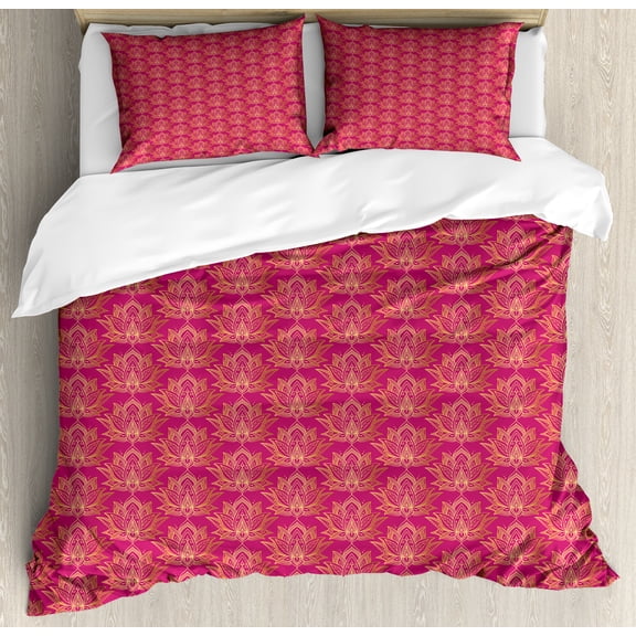 Ambesonne Oriental Duvet Cover Set, Peaceful Lotus Art, 2-Calking, Magenta Sand Brown