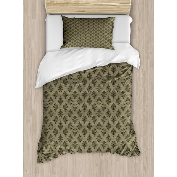 Ambesonne Oriental Duvet Cover Set, Traditional Antique Art, Twin, Green Dark Tan