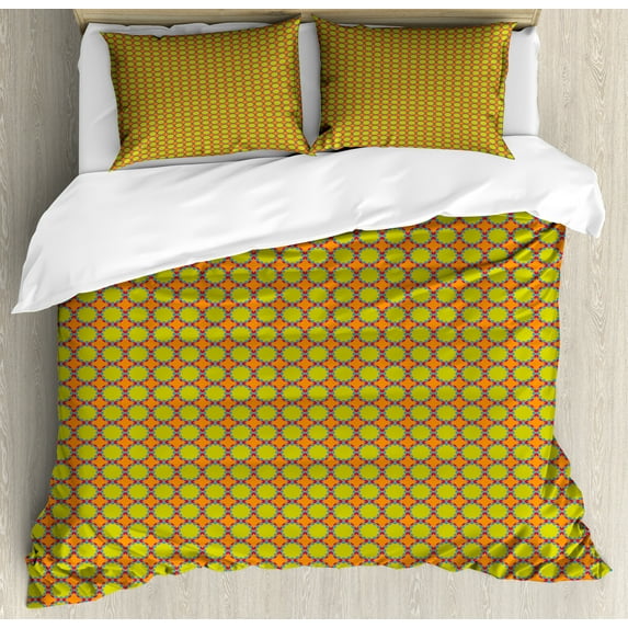 Ambesonne Oriental Duvet Cover Set, Vibrant Floral Rounds Art, 2-Calking, Yellow Green Orange