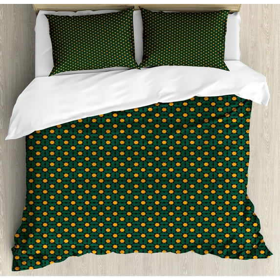 Ambesonne Oriental Duvet Cover Sets, Folklore Art Floral Motif, 2-Queen, Hunter Green Marigold