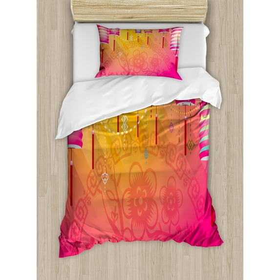 Ambesonne Oriental Duvet Cover Sets, New Year Festivities Art, 2-Twin, Fuchsia