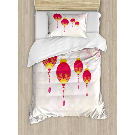 Ambesonne Oriental Duvet Cover Sets, New Year of China Pattern, 2-Twin, Hot Pink and Yellow