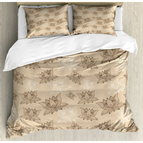 Ambesonne Oriental Duvet Cover Sets, Zentangle Lotus Boho Art, 2-King, Ecru Dark Brown White