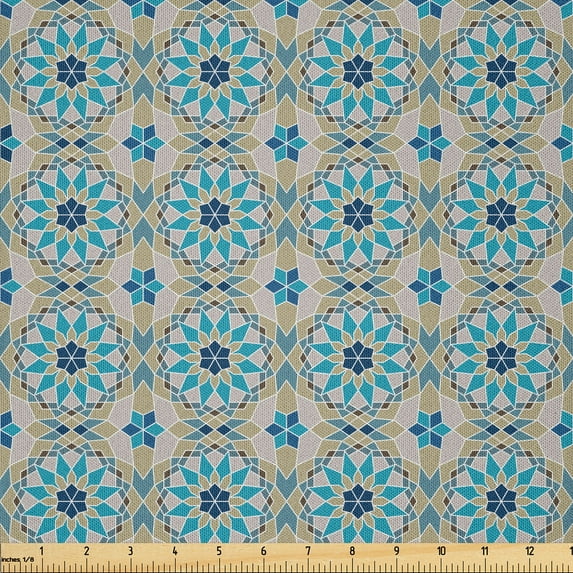 Ambesonne Oriental Fabric by the Yard Microfiber, Eastern Flowers Repetition, 1 Yard, Sea Blue Dusk