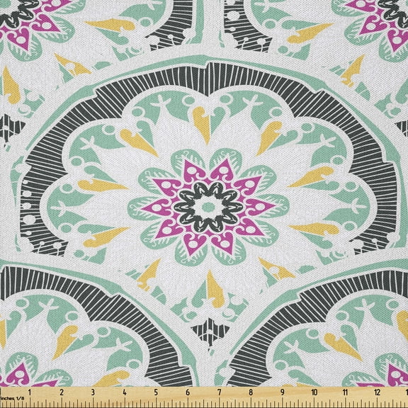 Ambesonne Oriental Fabric by the Yard Microfiber, Ottoman Floral Pattern, 1 Yard, Sea Green and Hot Pink