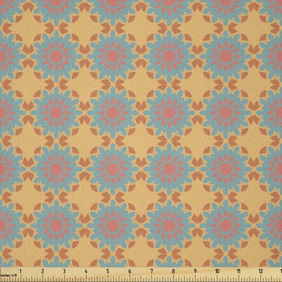 Ambesonne Oriental Fabric by the Yard Microfiber, Repeated Floral Ornaments, 5 Yards, Pale Orange Blue Grey