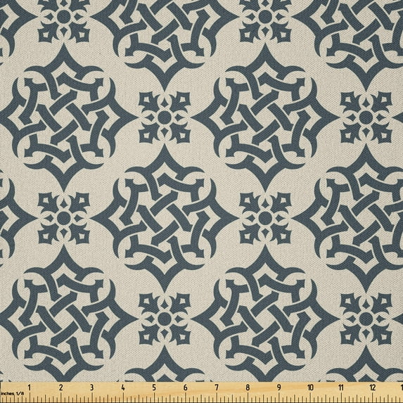 Ambesonne Oriental Fabric by the Yard Microfiber, Timeless Eastern Ornate, 5 Yards, Slate Blue Beige