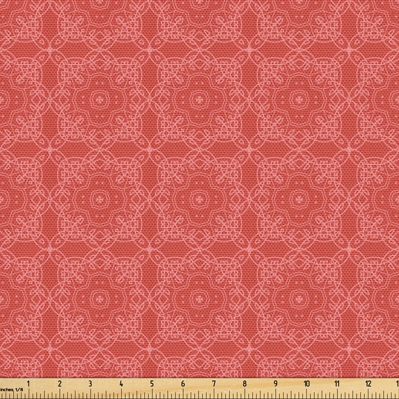 Ambesonne Oriental Fabric by the Yard Upholstery, Geometric Ornament, 2 Yards, Burnt Sienna and Coral